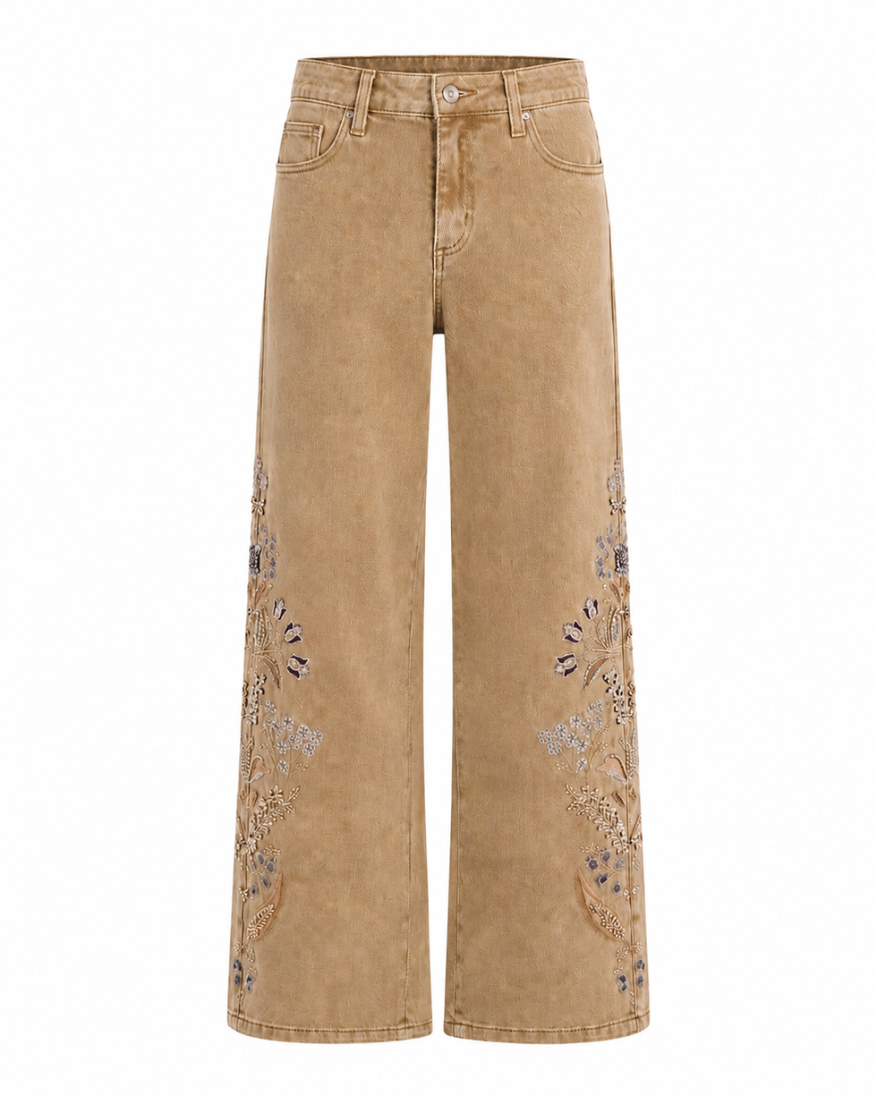 Nekane ES.OLINDRA Camel Embroidered Cotton Denim Trousers With Rhinestones