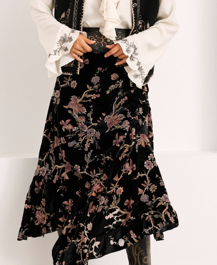 Nekane FF.ASTRI Velvet Black Floral Print Skirt With Flounced Hem