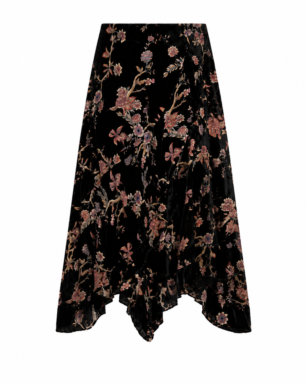 Nekane FF.ASTRI Velvet Black Floral Print Skirt With Flounced Hem