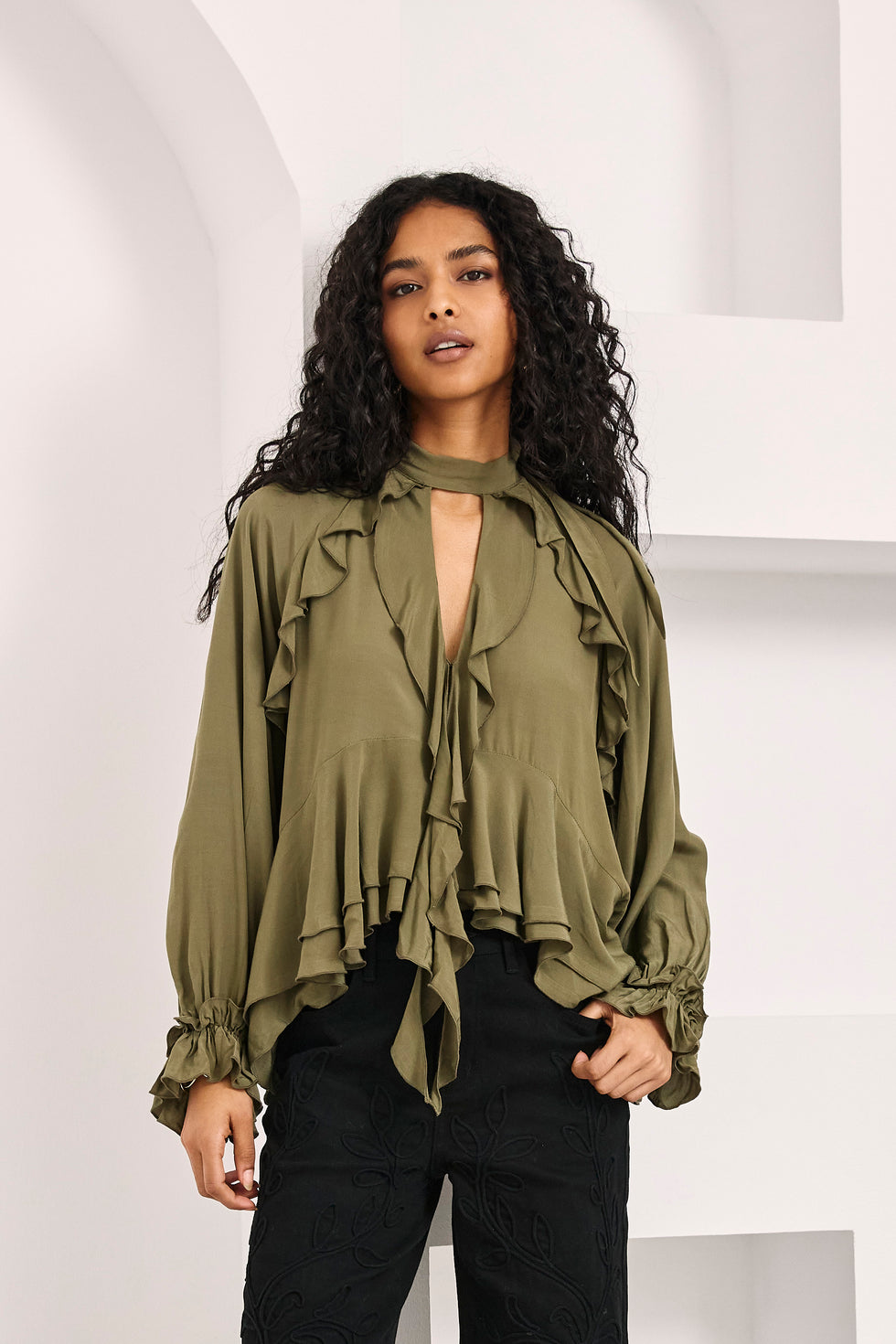 Nekane FF.MIRKA Khaki Asymmetrical Ruffle Blouse