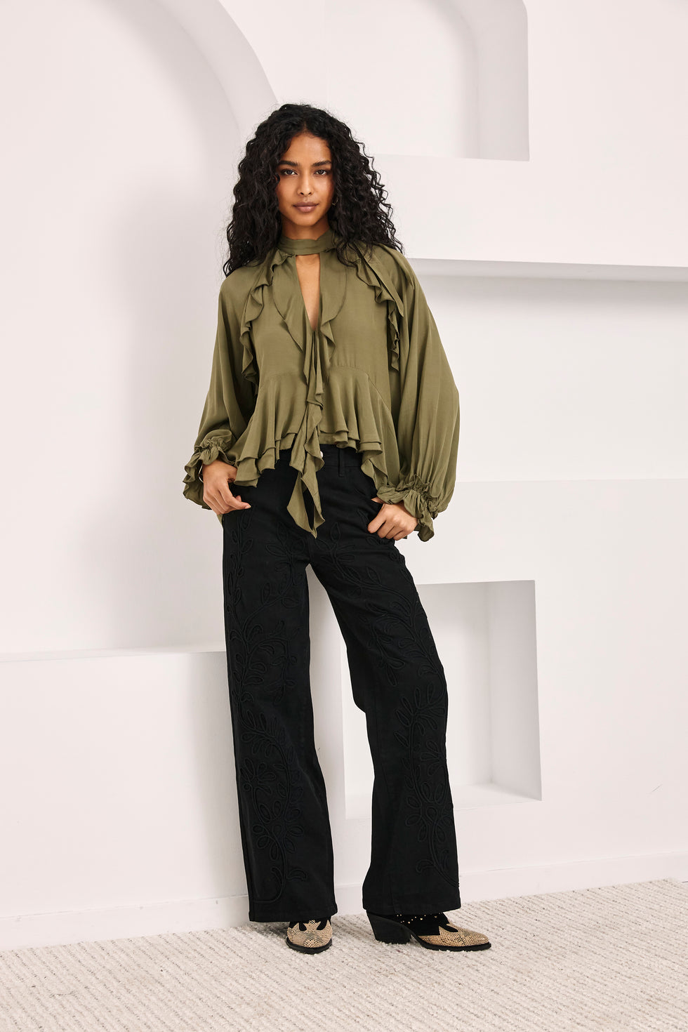 Nekane FF.MIRKA Khaki Asymmetrical Ruffle Blouse