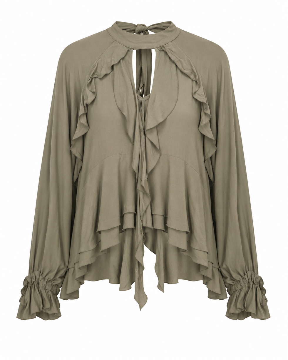 Nekane FF.MIRKA Khaki Asymmetrical Ruffle Blouse