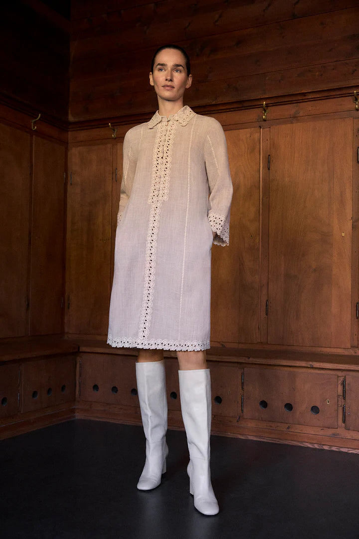 Gustav 60512 7636 Beige Straight Cat Knee Length 3/4 Sleeves Embroidered Detail Dress