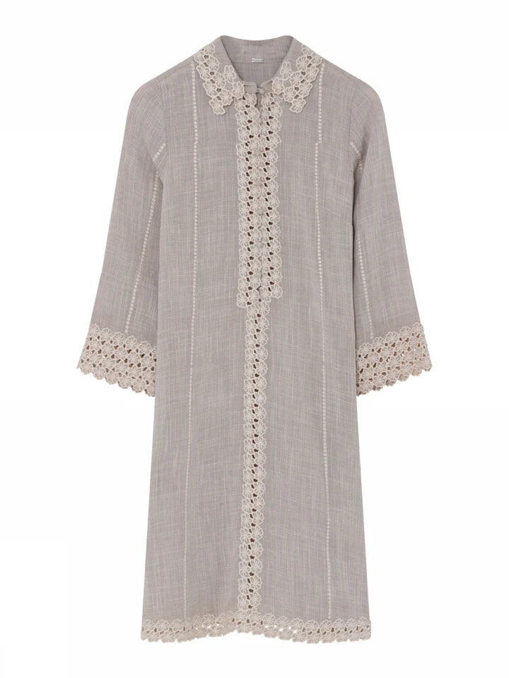 Gustav 60512 7636 Beige Straight Cat Knee Length 3/4 Sleeves Embroidered Detail Dress