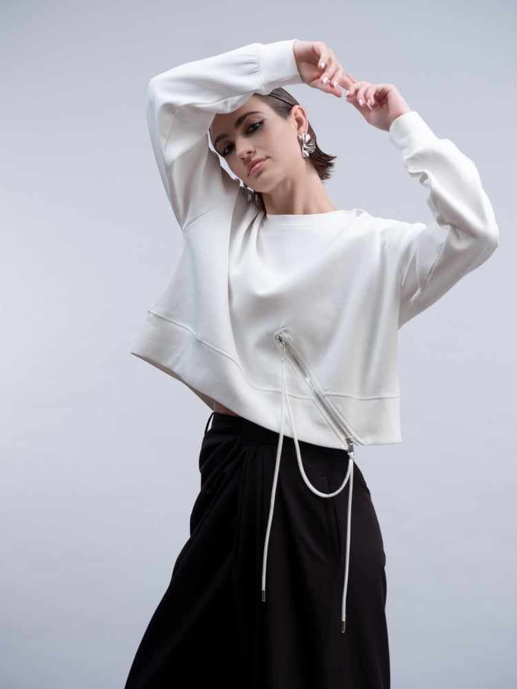 Haako H2006 White Boxy Zip Sweatshirt Jumper