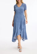 Leo & Ugo KER093 Blue Dress With Small White Polka Dots V Neck Fully Pleated