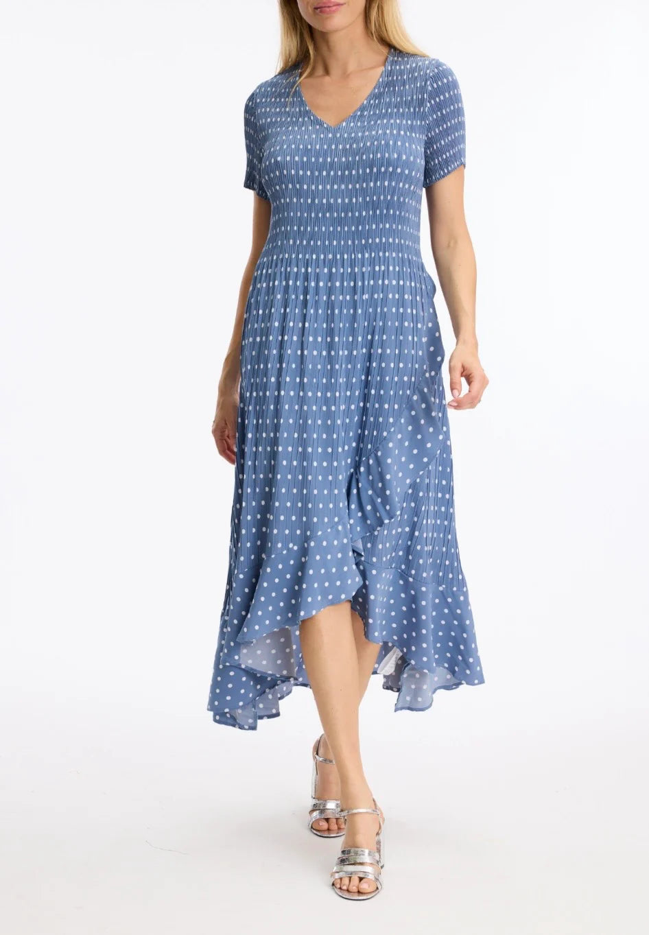 Leo & Ugo KER093 Blue Dress With Small White Polka Dots V Neck Fully Pleated
