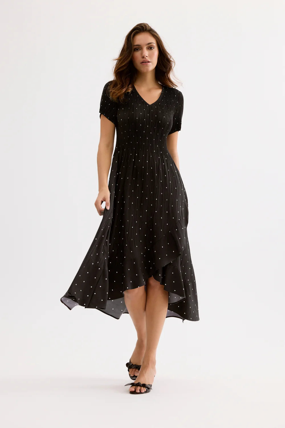 Leo & Ugo KER302 Black Dress With Small White Polka Dots V Neck Fully Pleated