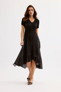 Leo & Ugo KER302 Black Dress With Small White Polka Dots V Neck Fully Pleated