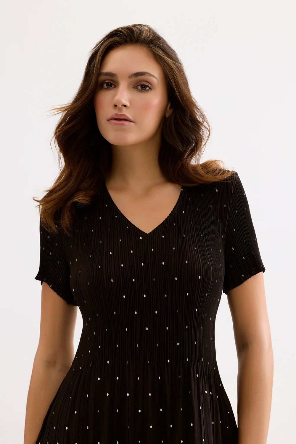 Leo & Ugo KER302 Black Dress With Small White Polka Dots V Neck Fully Pleated