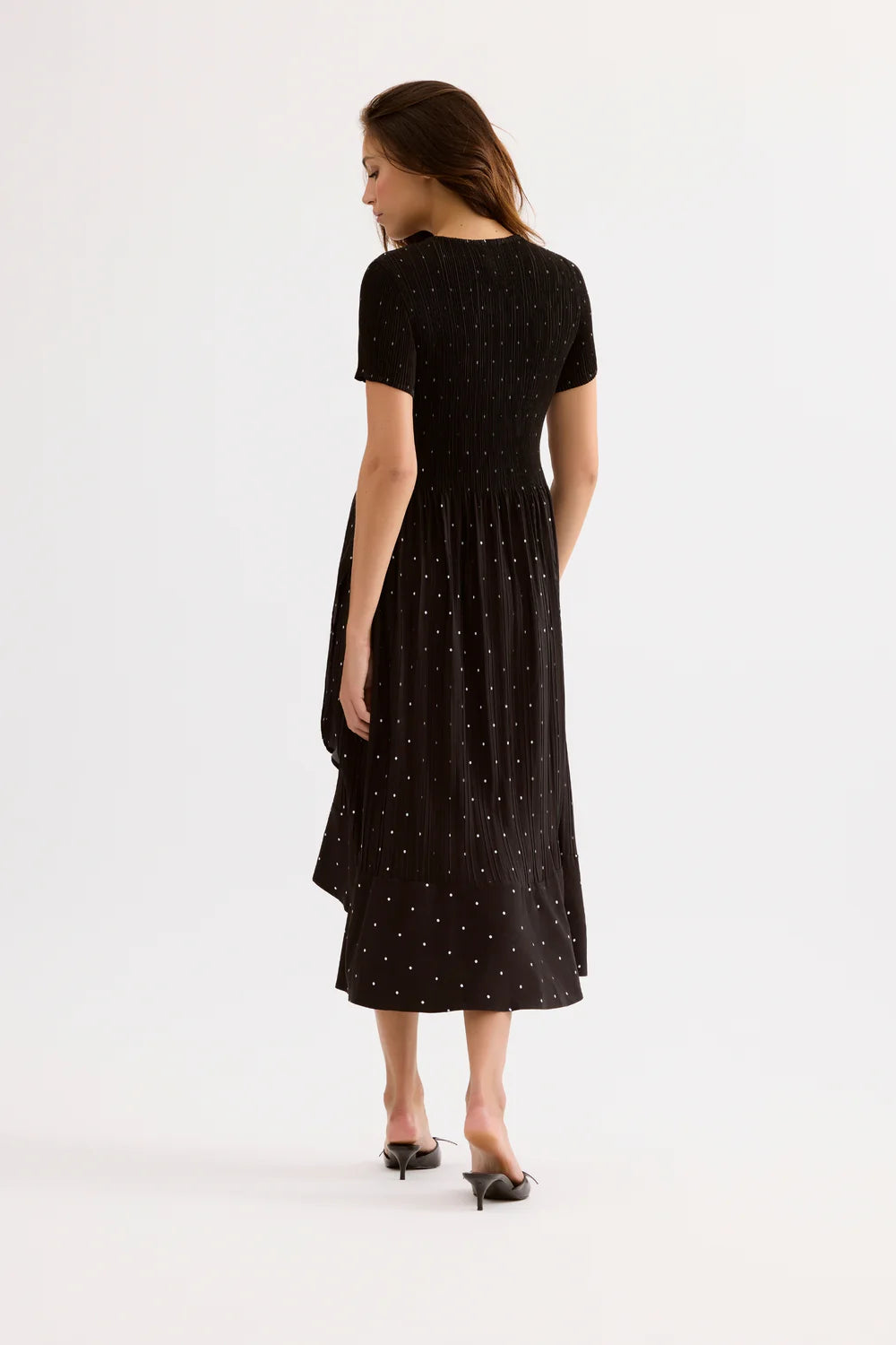 Leo & Ugo KER302 Black Dress With Small White Polka Dots V Neck Fully Pleated