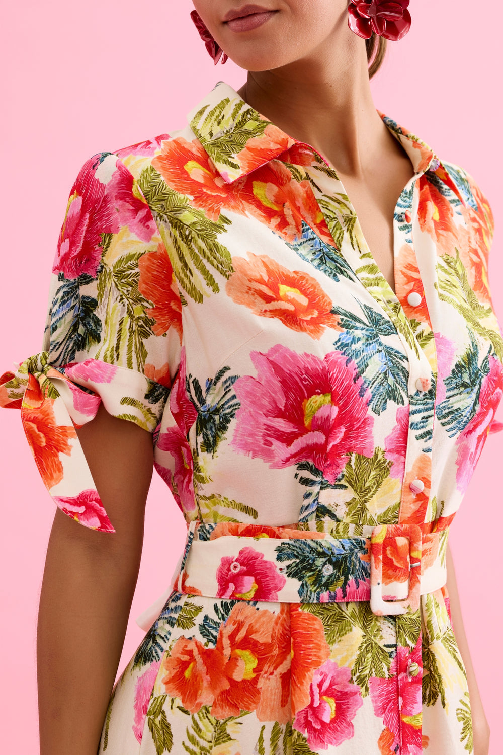 Leo & Ugo KER367 Vibrant  Shirt Style Dress With Multi Colored Floral Pattern On An Ivory Background