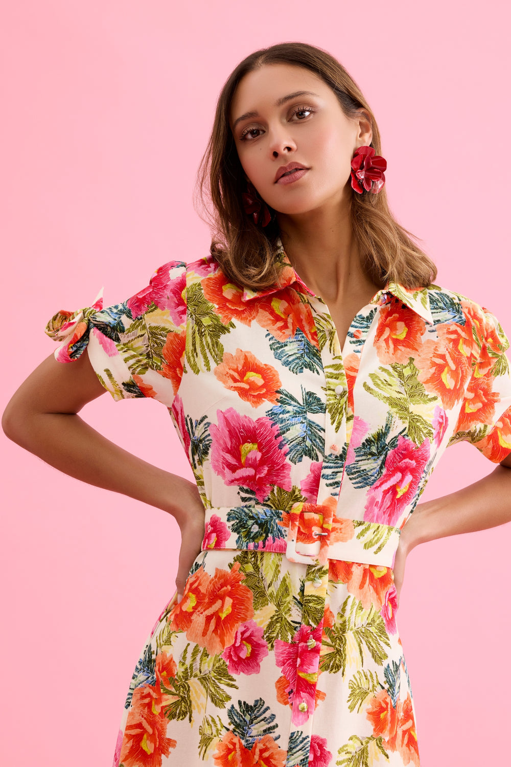 Leo & Ugo KER367 Vibrant  Shirt Style Dress With Multi Colored Floral Pattern On An Ivory Background