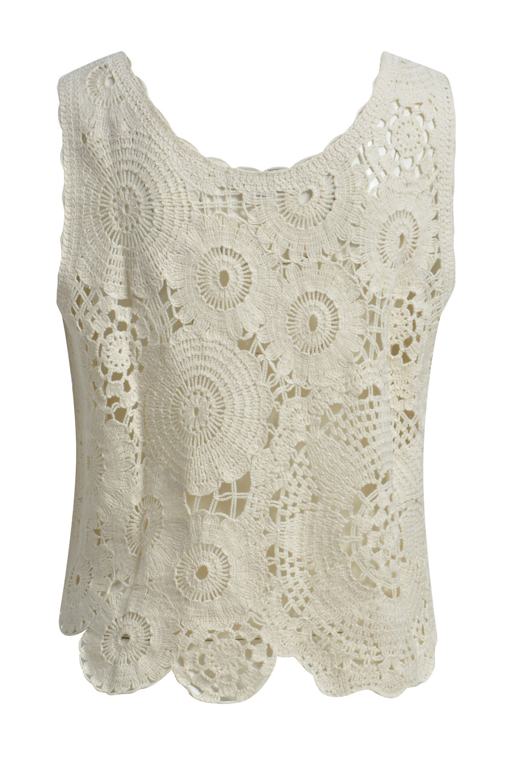 Milano Italy 6224867071 Sand Cotton Crochet Round Neck Top