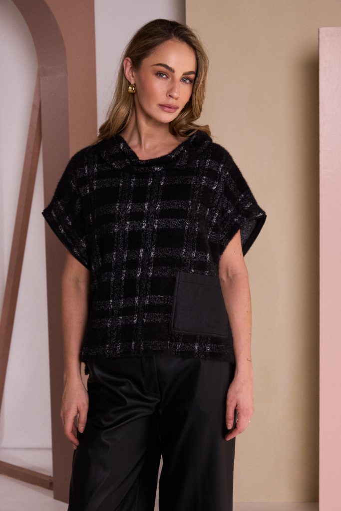 Naya Check Knit Top With Leatherette Pocket And Zip Detail