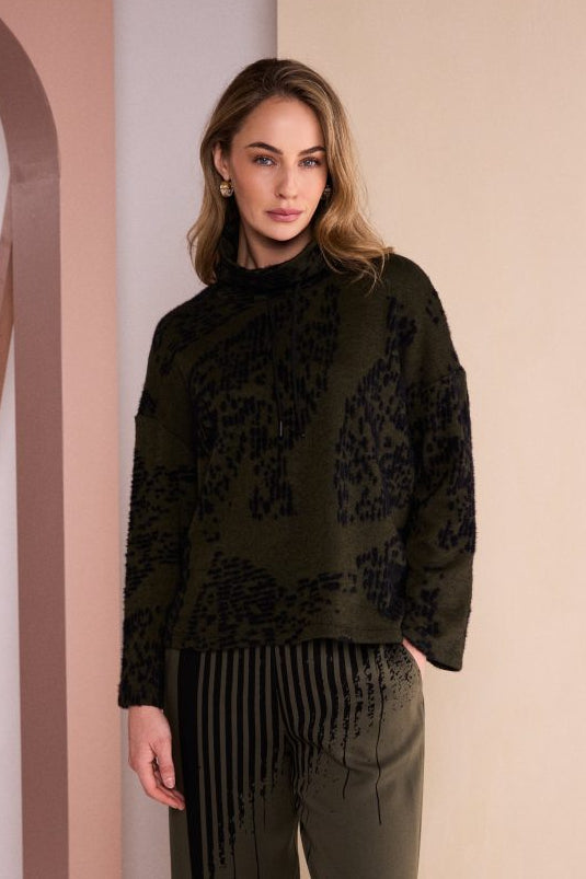 Naya 238 Flocked Placement Print High Neck Knitted Top