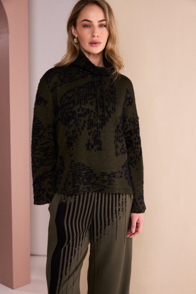 Naya 238 Flocked Placement Print High Neck Knitted Top