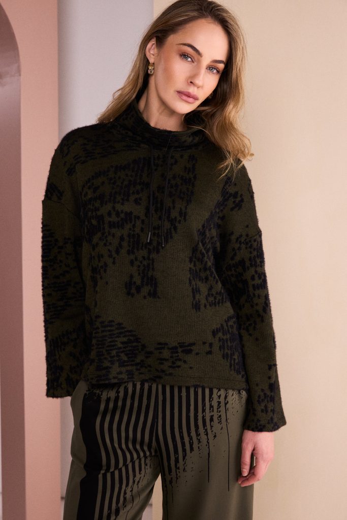Naya 238 Flocked Placement Print High Neck Knitted Top