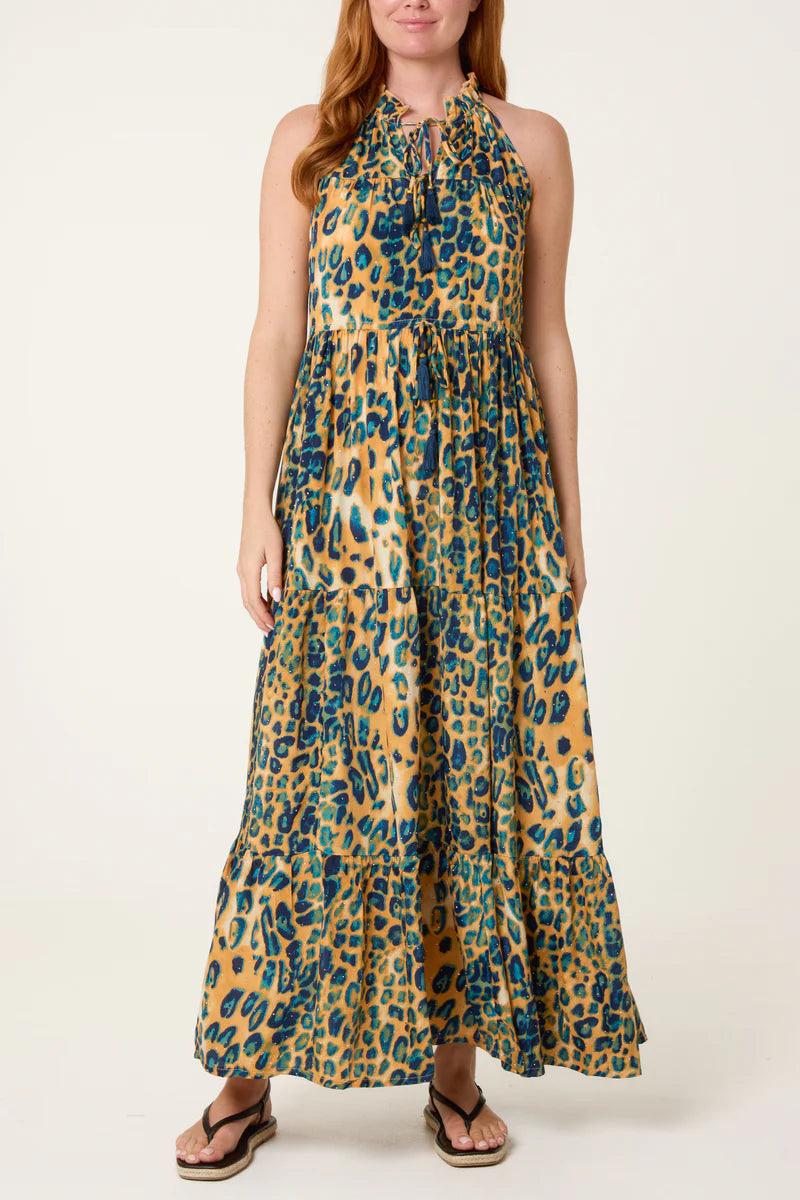 Nova Diamante Tiered Tie Front Animal Maxi Halterneck Dress