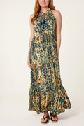 Nova Diamante Tiered Tie Front Animal Maxi Halterneck Dress