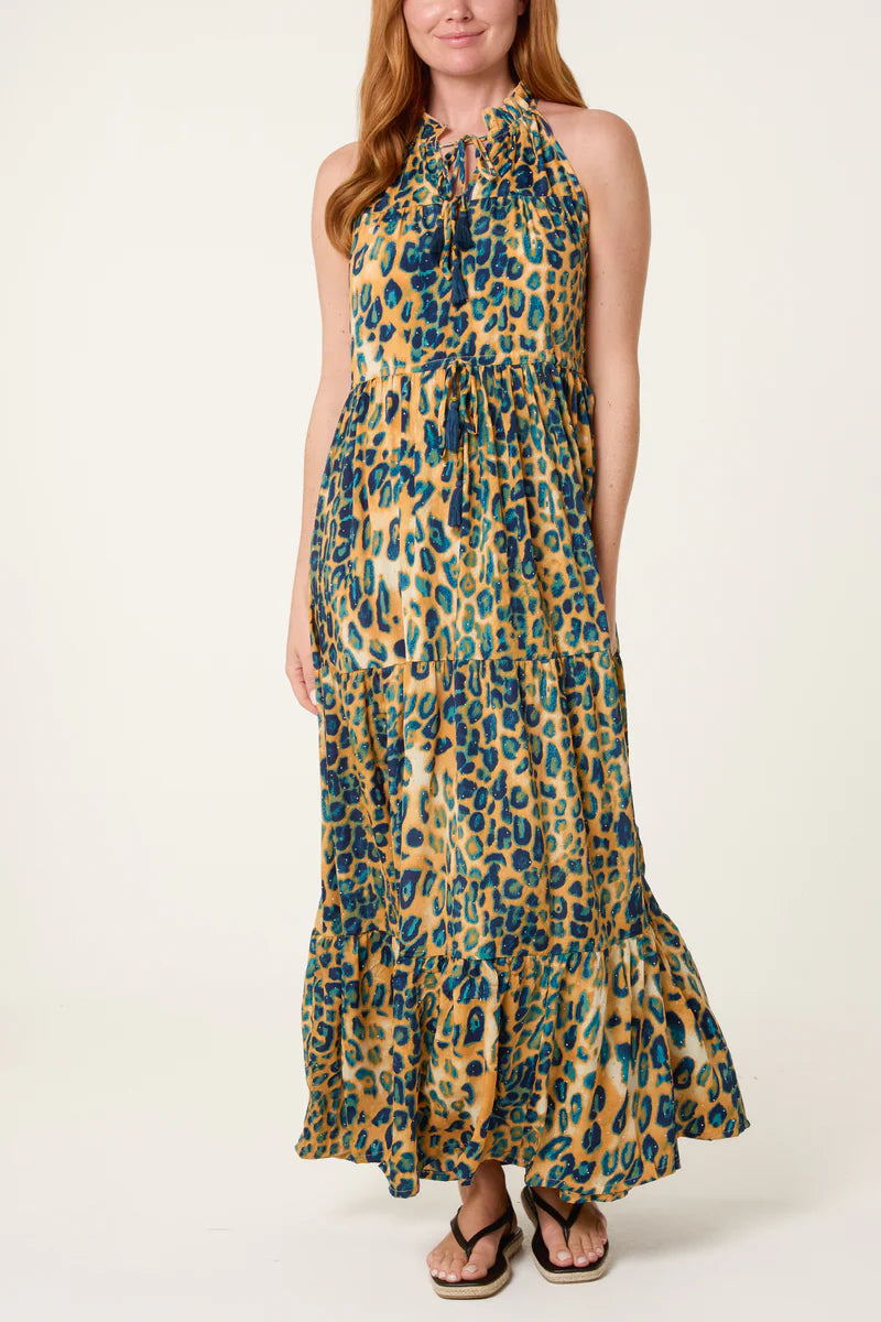 Nova Diamante Tiered Tie Front Animal Maxi Halterneck Dress
