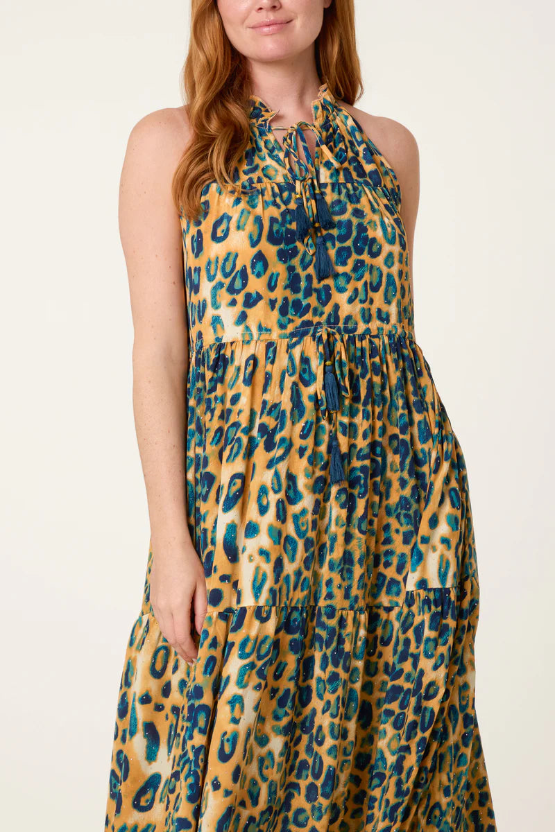 Nova Diamante Tiered Tie Front Animal Maxi Halterneck Dress