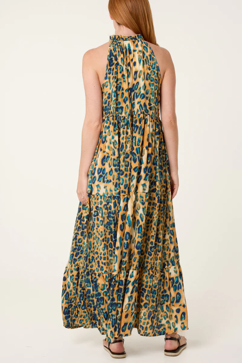 Nova Diamante Tiered Tie Front Animal Maxi Halterneck Dress