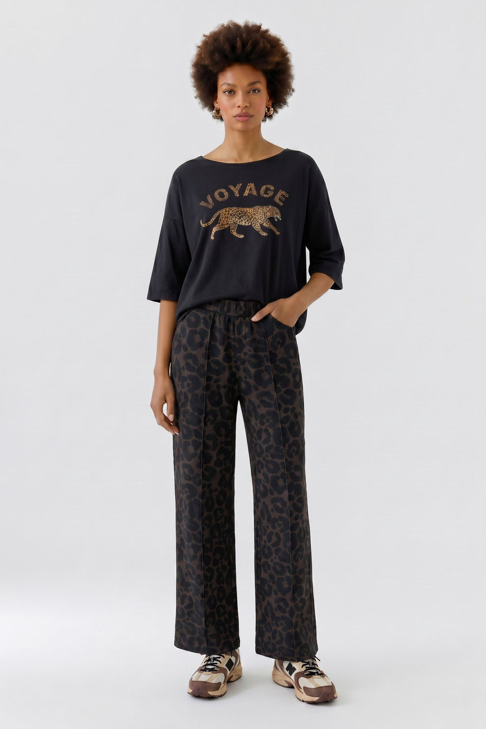 Oui 99696 Dark Brown And Grey Animal Print Trousers