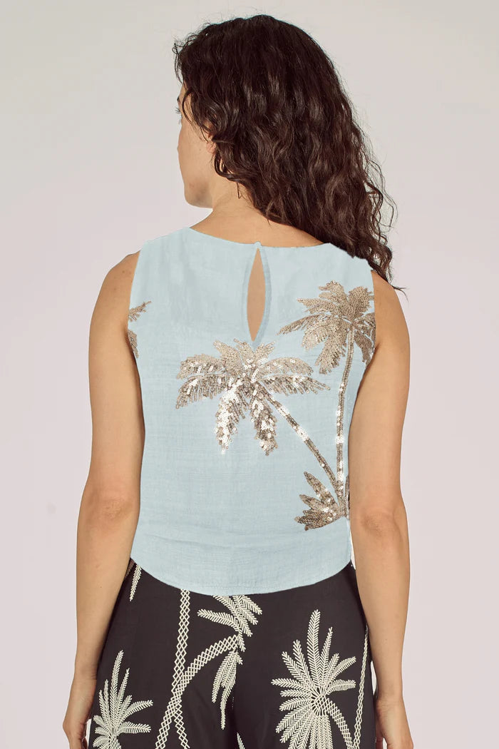 Traffic People Evie Aqua Gold Embroidered Sleeveless Top