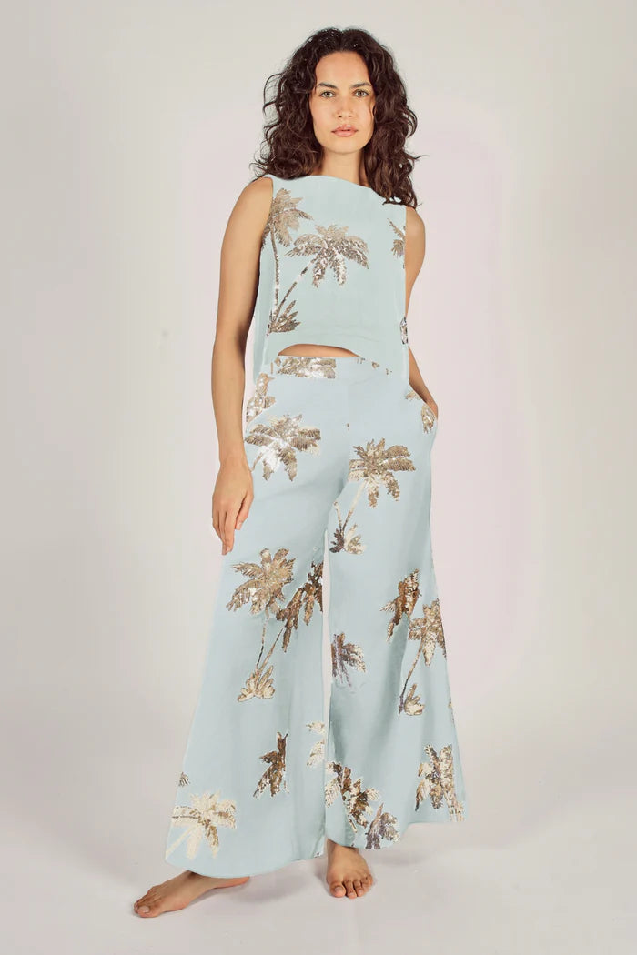 Traffic People Evie Aqua Gold Embroidered Sleeveless Top