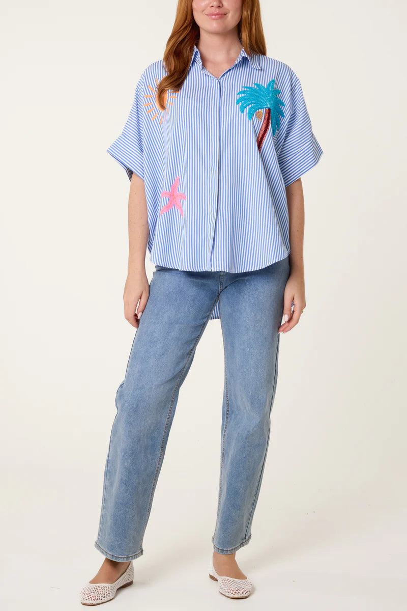 Nova Blue Stripe Over sized Shirt With Placement Motifs