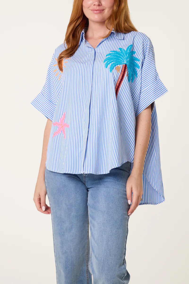 Nova Blue Stripe Over sized Shirt With Placement Motifs