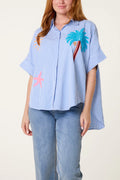 Nova Blue Stripe Over sized Shirt With Placement Motifs