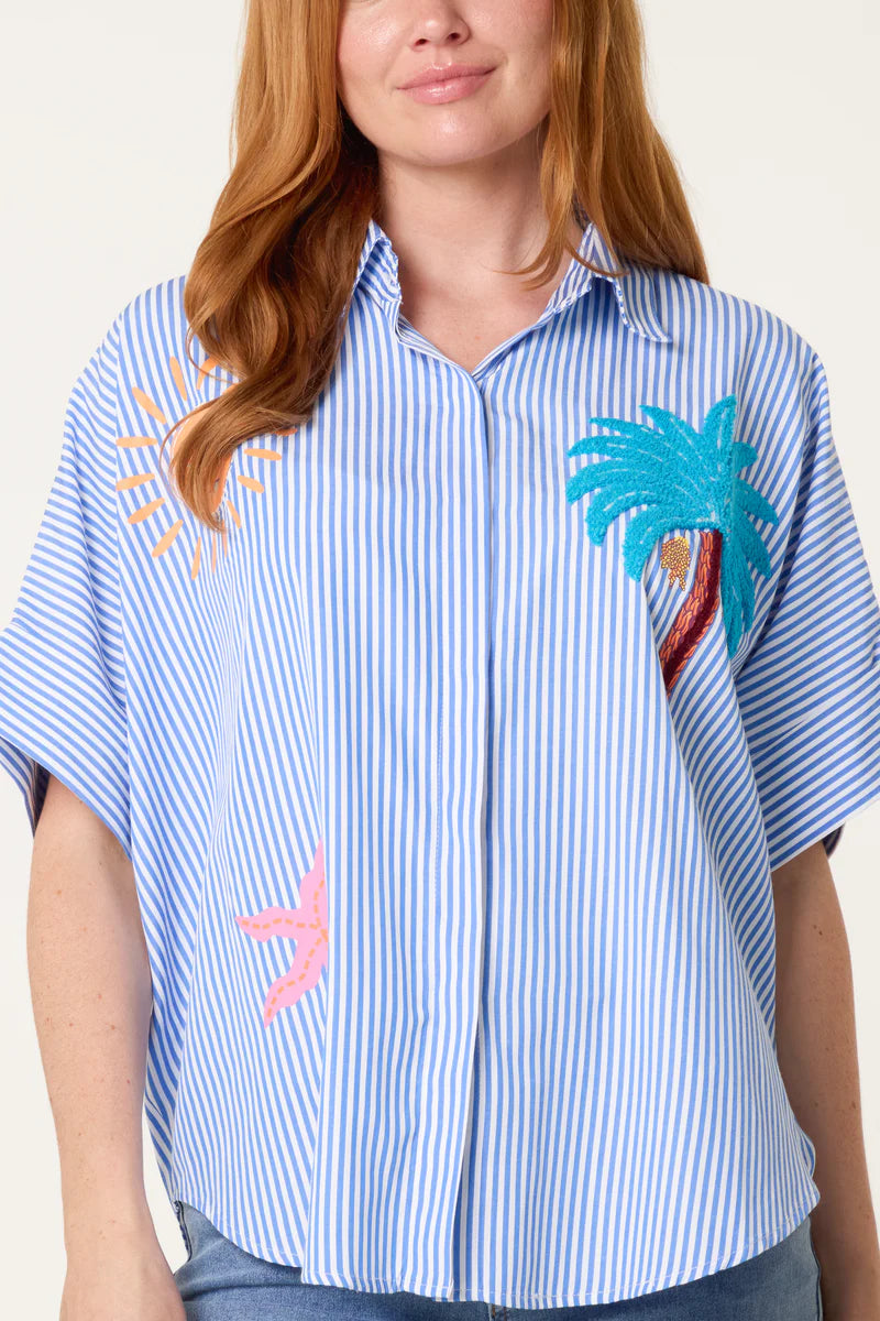 Nova Blue Stripe Over sized Shirt With Placement Motifs