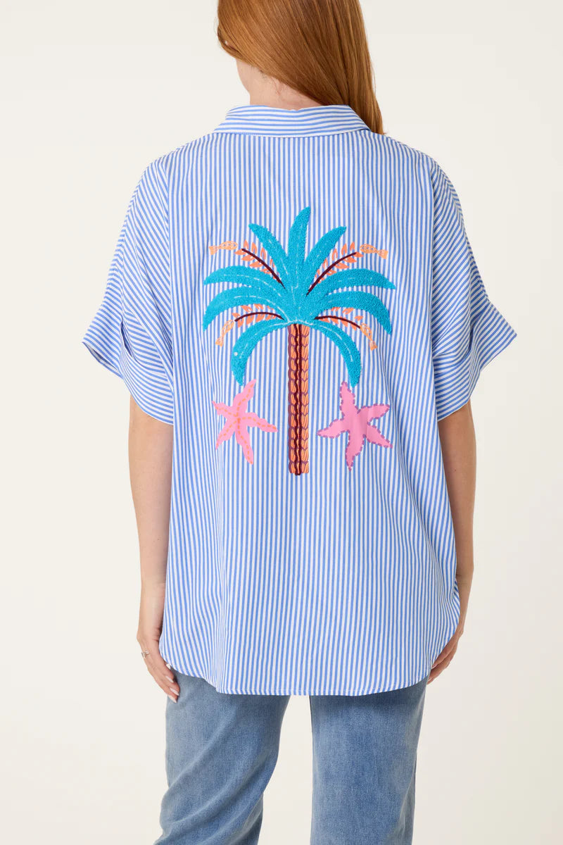 Nova Blue Stripe Over sized Shirt With Placement Motifs