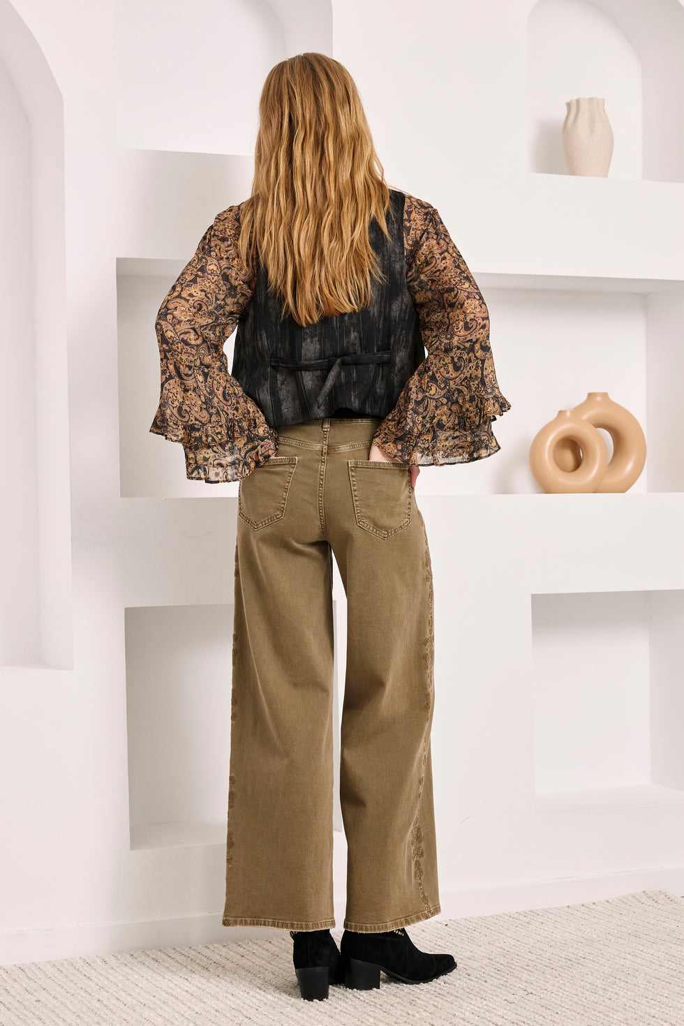 Nekane SU.MOBI Khaki Denim Cotton Trousers With Rhinestones