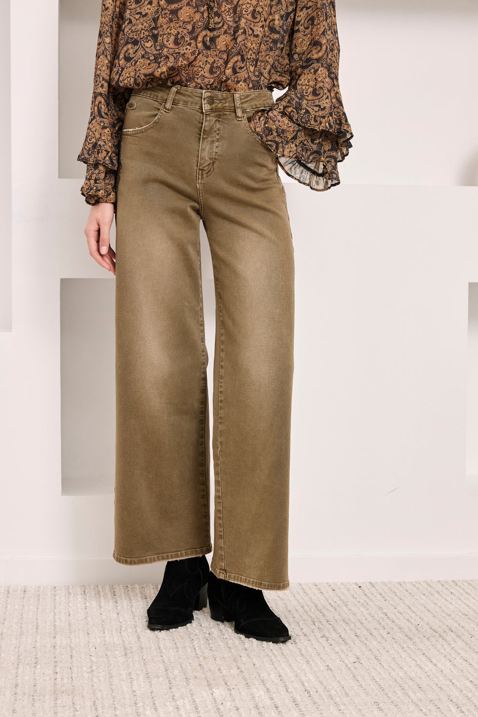 Nekane SU.MOBI Khaki Denim Cotton Trousers With Rhinestones