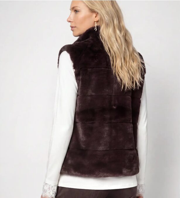 Monari 809785 Black Coffee Waistcoat Basic Fake Fur With Stand Up Collar