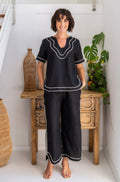 See Saw Black Linen Top With White Stitch Detail 366/b