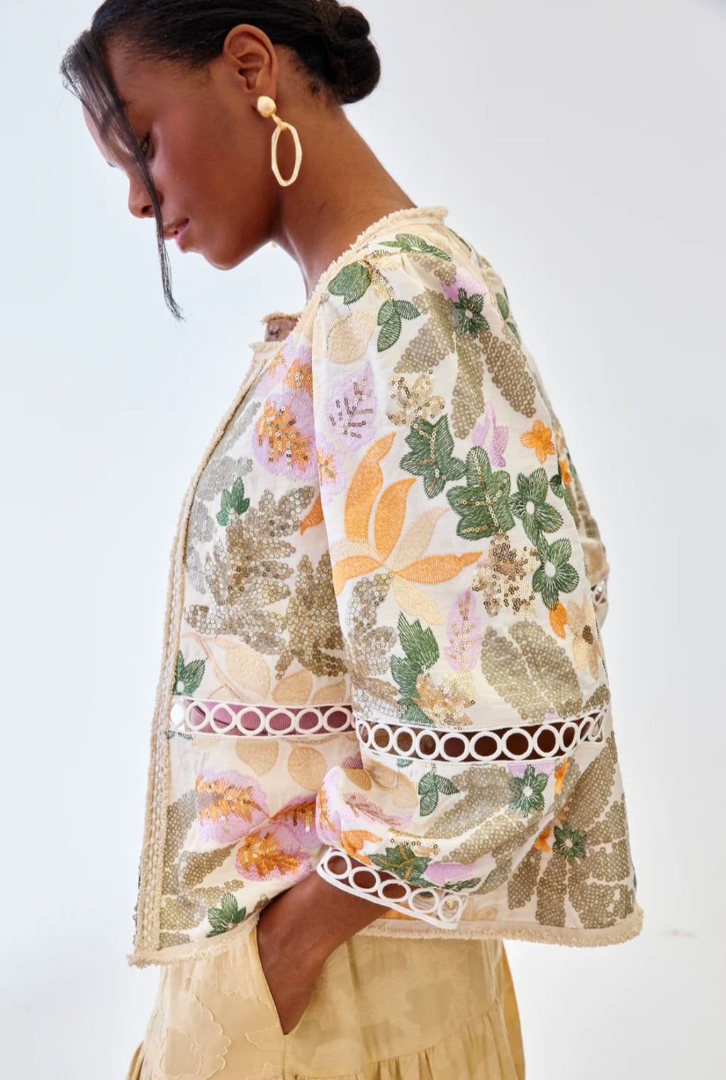 Nekane FF.VAREN Cream Long Sleeves Jacket With Multi Colour Embroidery Sequins And Cutwork
