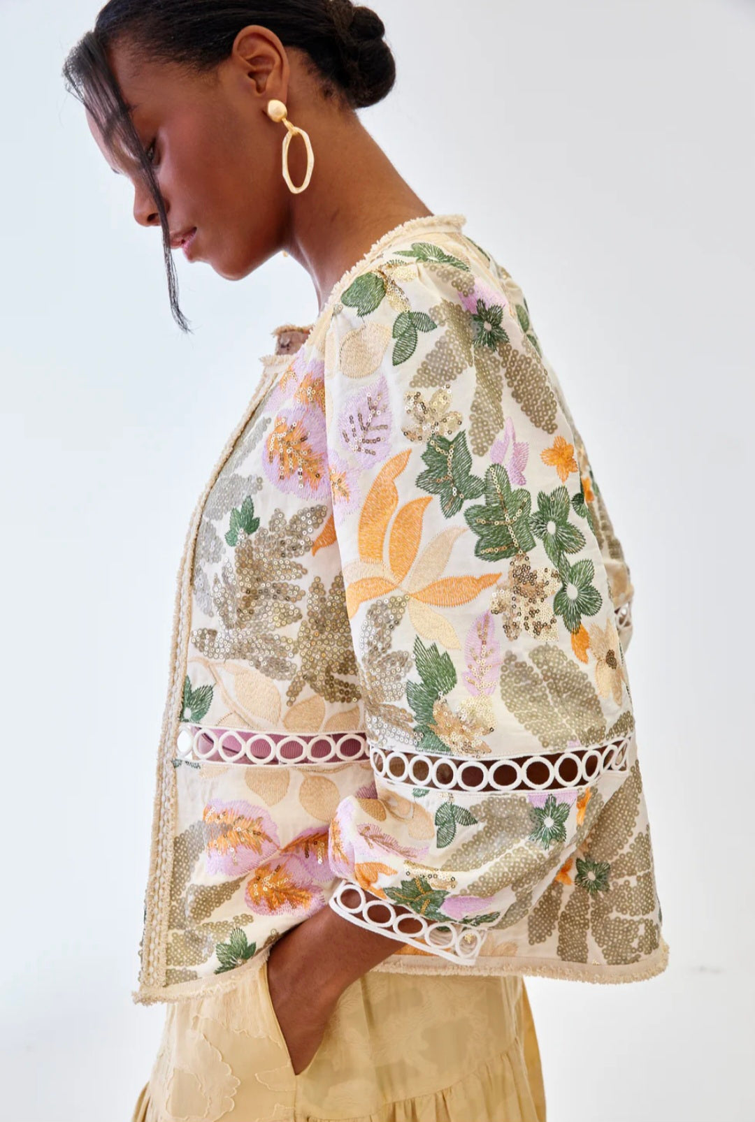 Nekane FF.VAREN Cream Long Sleeves Jacket With Multi Colour Embroidery Sequins And Cutwork