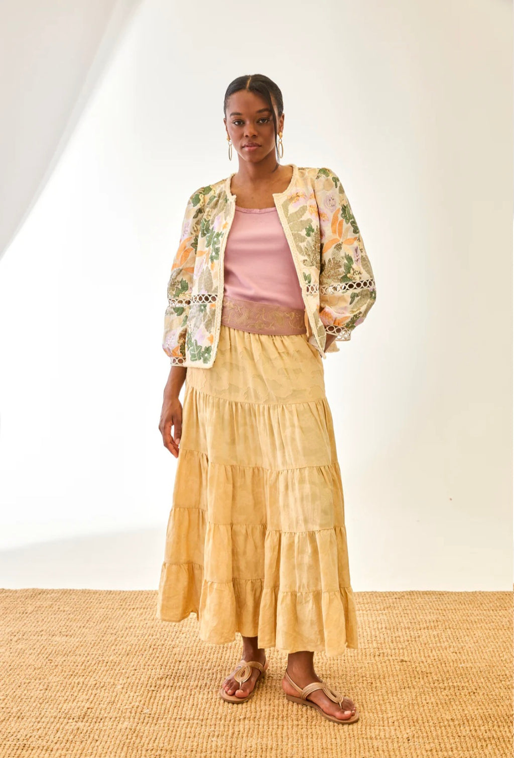 Nekane FF.VAREN Cream Long Sleeves Jacket With Multi Colour Embroidery Sequins And Cutwork
