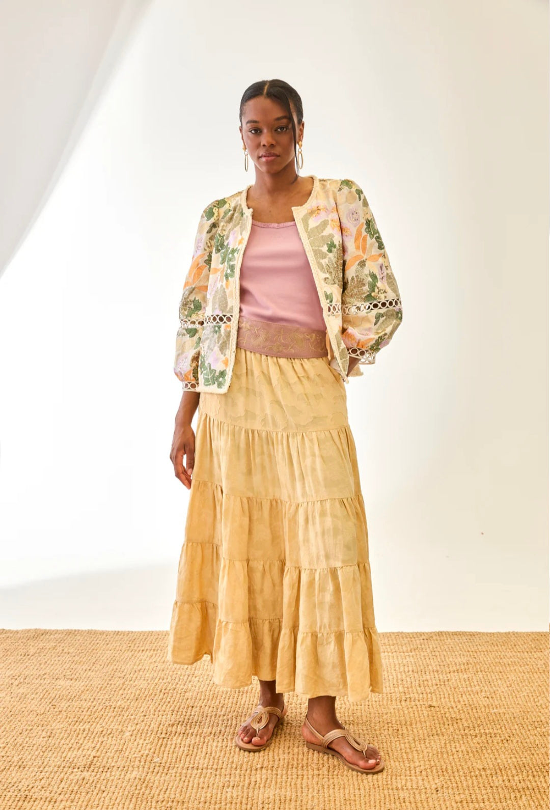 Nekane FF.VAREN Cream Long Sleeves Jacket With Multi Colour Embroidery Sequins And Cutwork