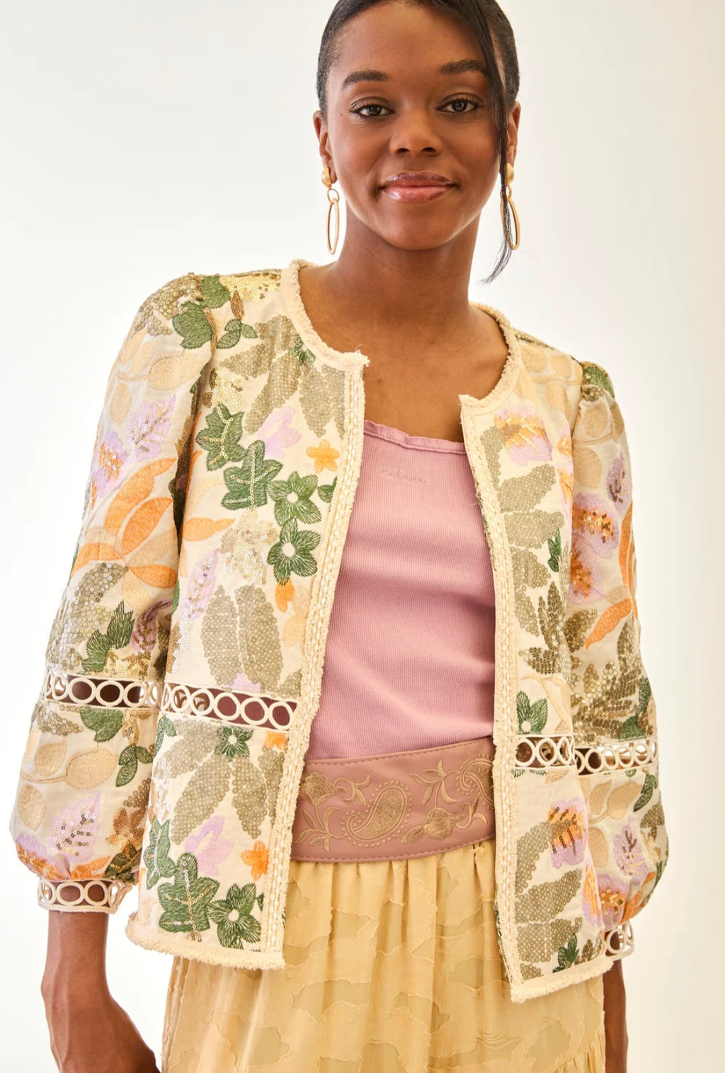 Nekane FF.VAREN Cream Long Sleeves Jacket With Multi Colour Embroidery Sequins And Cutwork