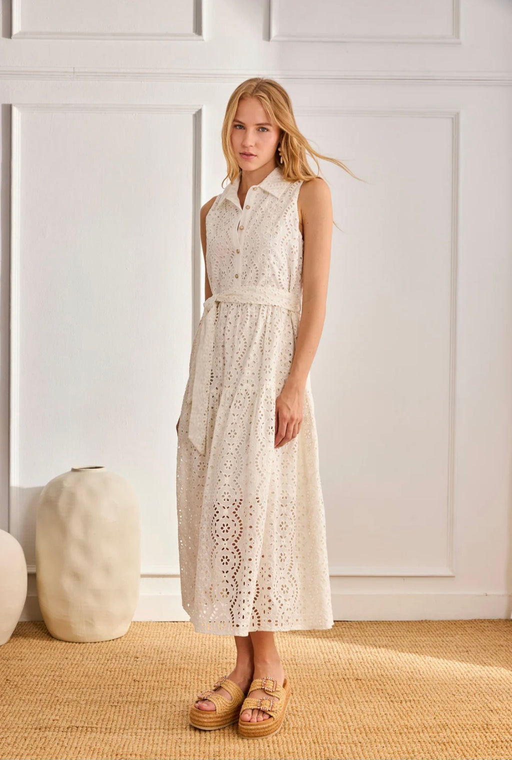 Nekane LX.OSIR White Sleeveless Long Cotton Dress With Swiss Embroidery