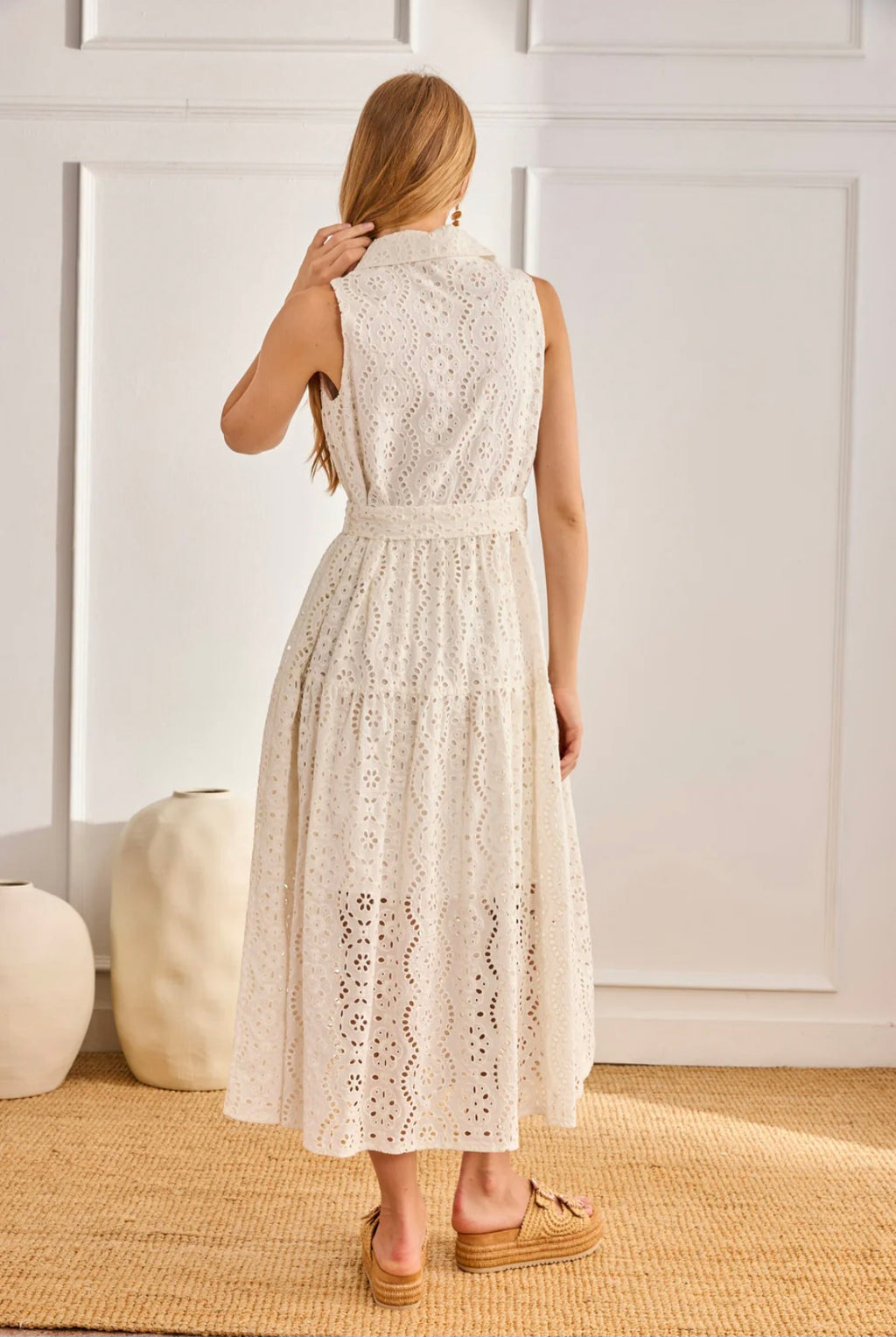 Nekane LX.OSIR White Sleeveless Long Cotton Dress With Swiss Embroidery