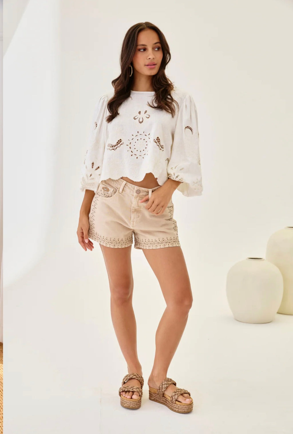 Nekane LX.WERET Cream Linen Long Sleeves Blouse With Openwork And Round Neckline