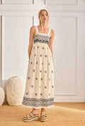 Nekane LX.URANI Cream Linen Dress With Embroidery And Square Neckline