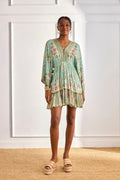 Nekane GF.GAIA Aqua Short Viscose Dress With Botanical Print And Japanese Sleeves