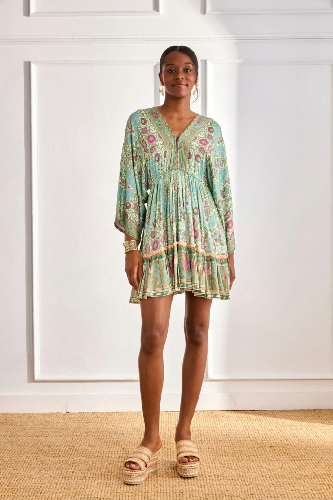 Nekane GF.GAIA Aqua Short Viscose Dress With Botanical Print And Japanese Sleeves